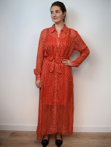 Orange and gold thread maxi sheer shirt dress with tie waist