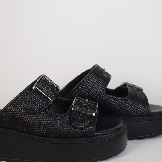 Black raffia sliders with double strap and platform sole