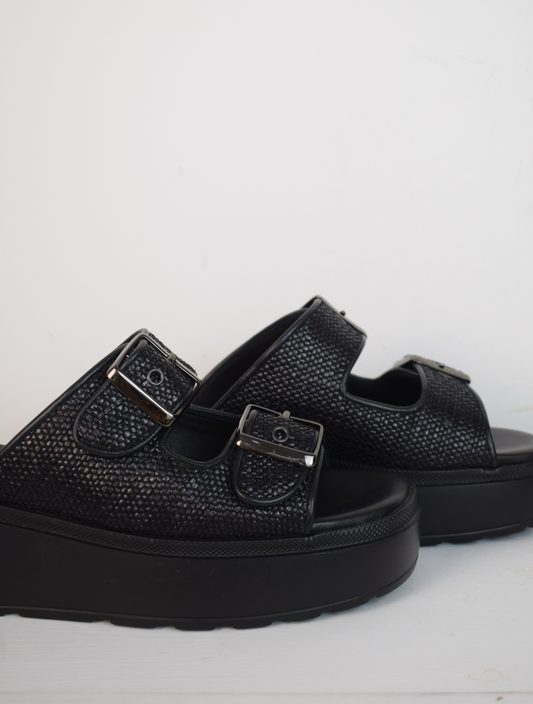 Black raffia sliders with double strap and platform sole