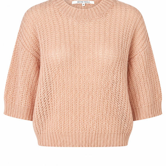 A light peach-colored knit sweater with a textured openwork pattern, 3/4 sleeves, and a crew neck, shown against a plain white background.