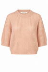A light peach-colored knit sweater with a textured openwork pattern, 3/4 sleeves, and a crew neck, shown against a plain white background.