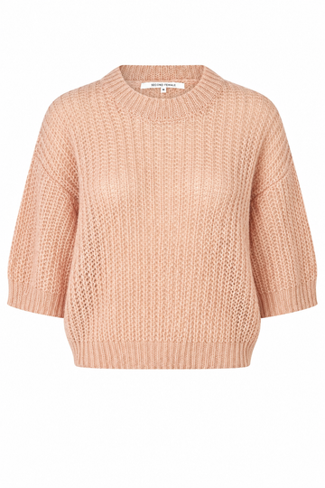 A light peach-colored knit sweater with a textured openwork pattern, 3/4 sleeves, and a crew neck, shown against a plain white background.