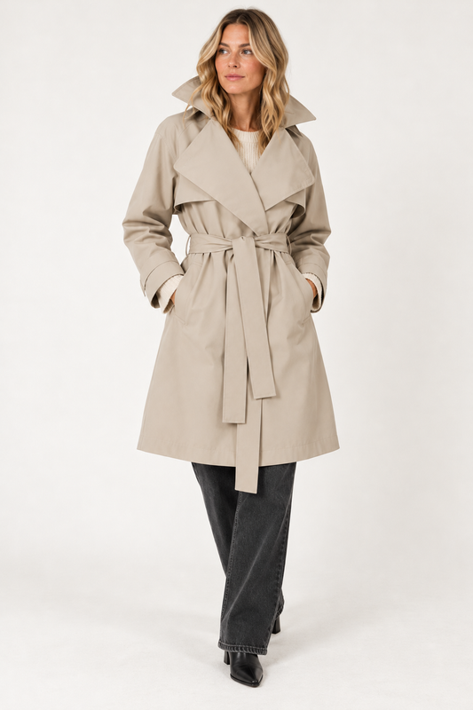 A woman modeling a beige trench coat with a matching waist tie belt, worn over a cream top and dark gray wide-leg jeans, against a plain white studio background.