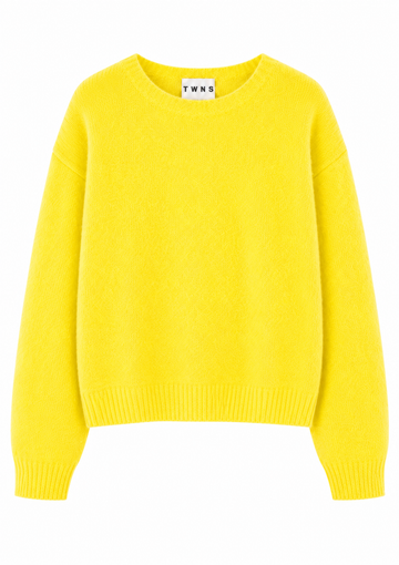 A bright yellow long-sleeve knit sweater with a crew neck, shown flat against a plain white background. A small white brand label reading 'TWN5' is visible inside the collar.