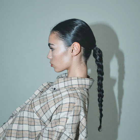 brown/beige checked shirt with chest pocket and black buttons from heyanno close up