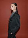 double breasted black blazer with notch lapels and welted flap pockets from heyanno side view