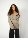 v neck cross over neck grey melange wool mix jumper with relaxed fit from heyanno model shot