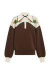 A brown and cream color-blocked knit polo sweater with embroidered snakes on the yoke, displayed on a clean white background.