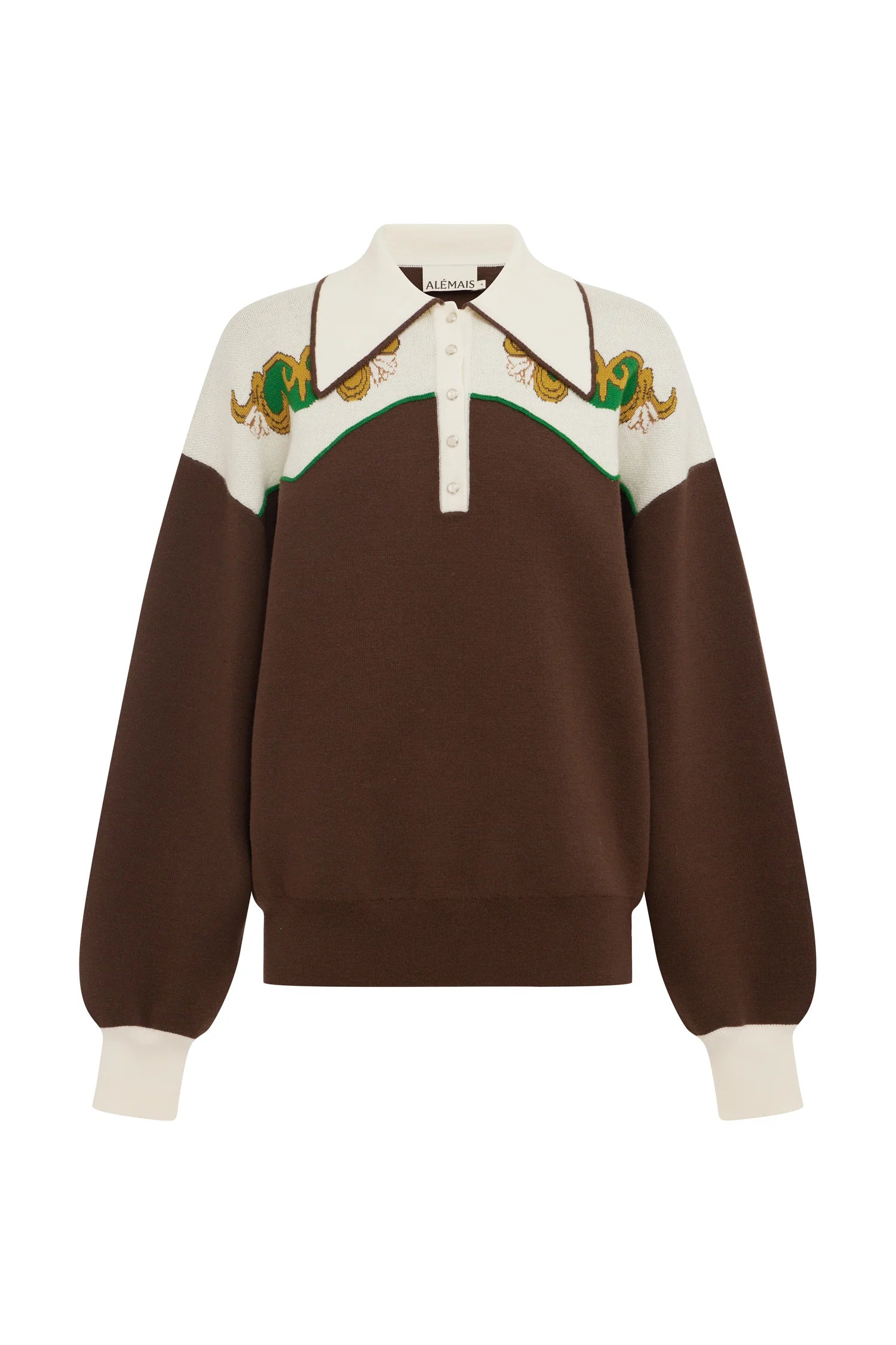A brown and cream color-blocked knit polo sweater with embroidered snakes on the yoke, displayed on a clean white background.