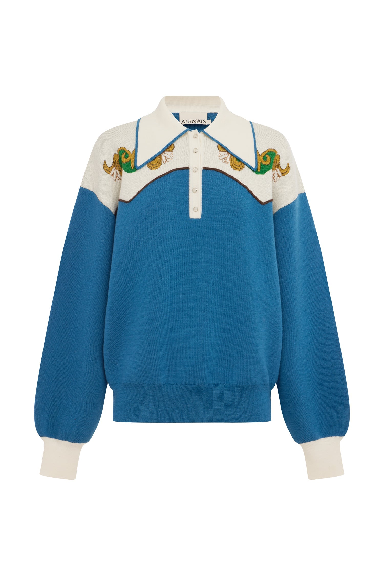 A blue and cream color-blocked knit sweater with a polo-style collar, featuring embroidered green and gold details across the yoke and ribbed cuffs.