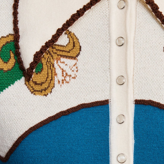 Close-up of a knit polo-style top with a white collar and button placket, blue lower body, brown trim, and a multicolor embroidered motif on the left side.
