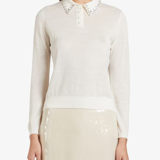 white lightweight wool long sleeve polo top with diamante jewel collar, covered button placket and rib detailing
