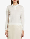 white lightweight wool long sleeve polo top with diamante jewel collar, covered button placket and rib detailing