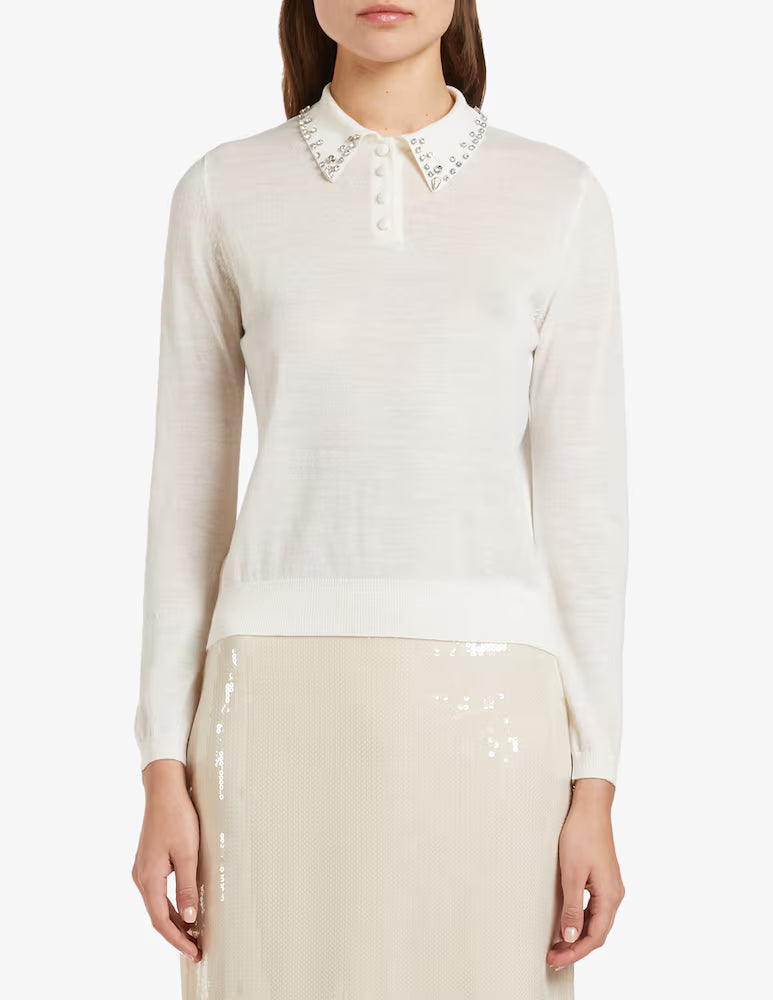 white lightweight wool long sleeve polo top with diamante jewel collar, covered button placket and rib detailing