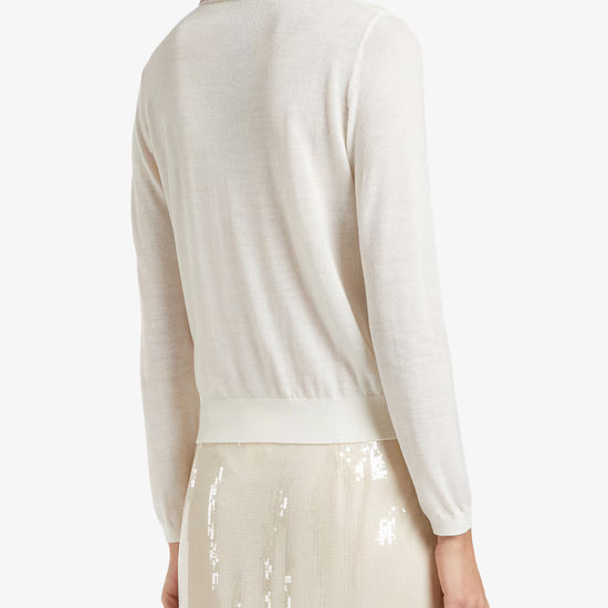 white lightweight wool long sleeve polo top with diamante jewel collar, covered button placket and rib detailing rear view