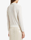 white lightweight wool long sleeve polo top with diamante jewel collar, covered button placket and rib detailing rear view