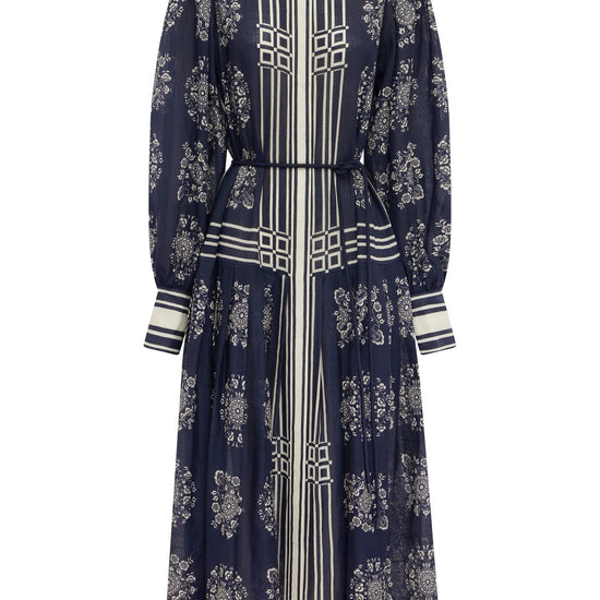 blue and white pattern shirt dress on a white background 