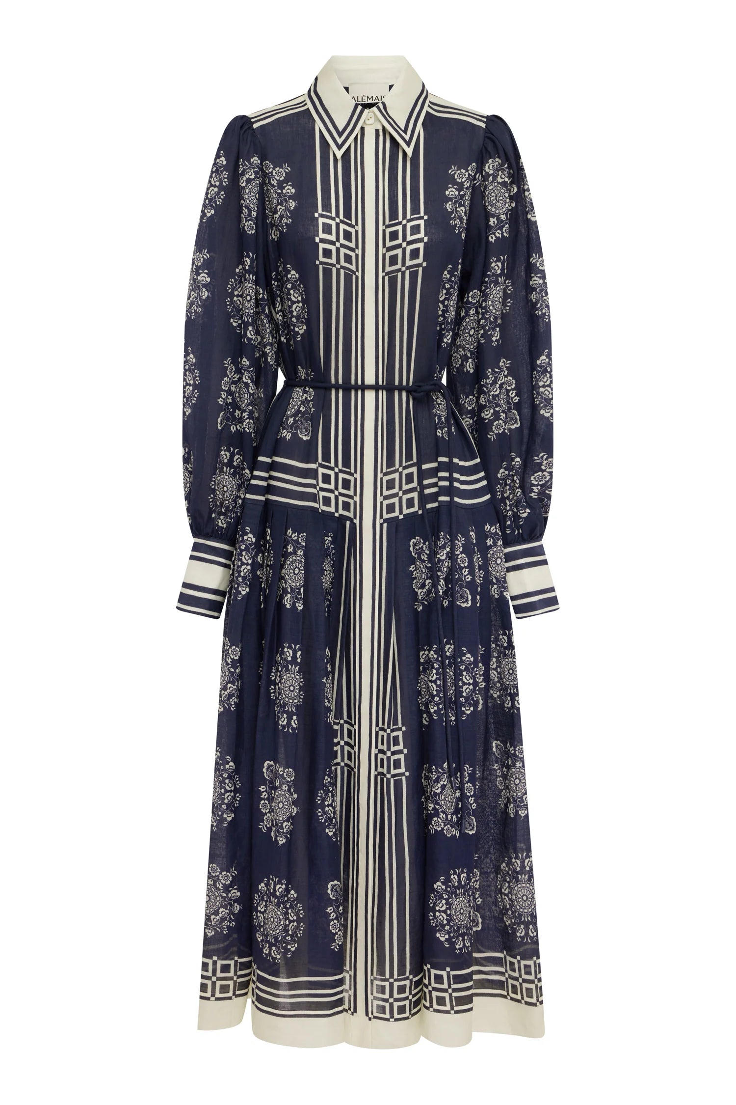 blue and white pattern shirt dress on a white background 