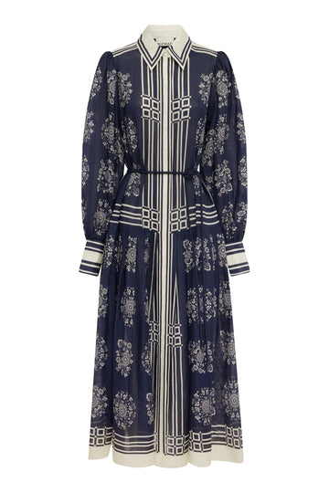 blue and white pattern shirt dress on a white background 