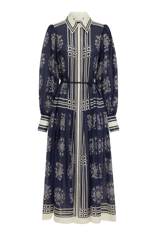 blue and white pattern shirt dress on a white background 