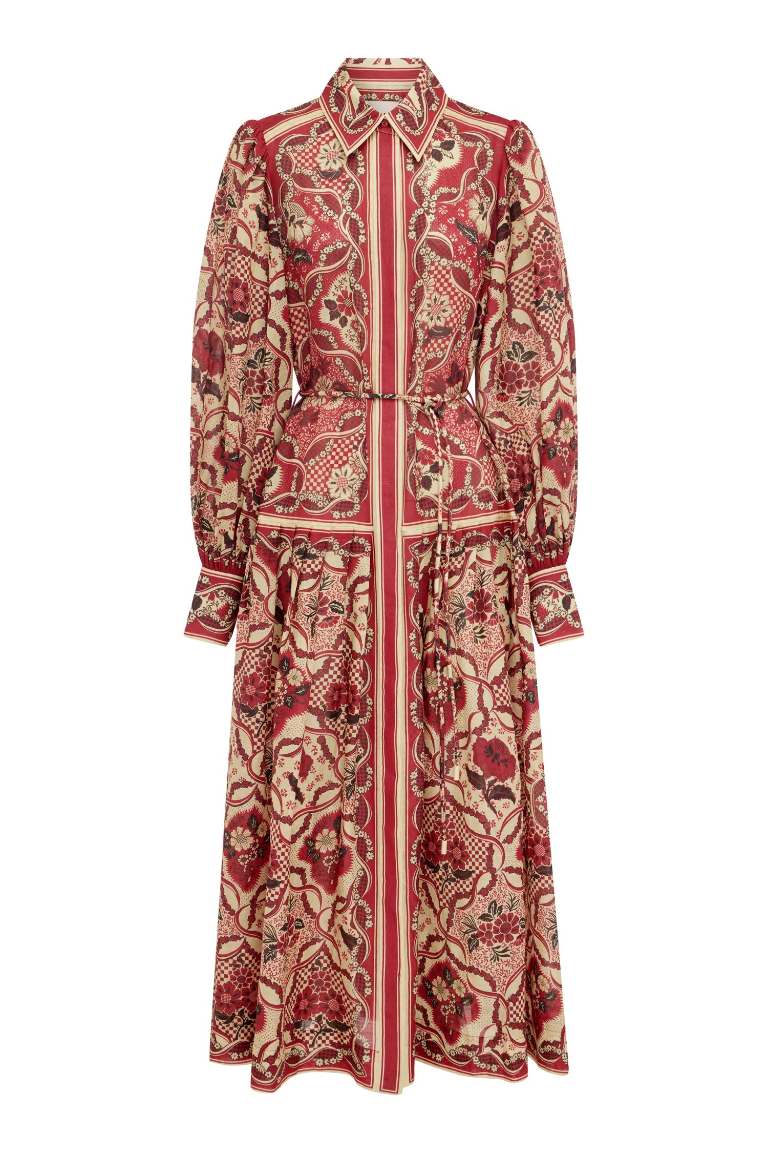 A long-sleeve collared maxi shirt dress with a red, beige, and black botanical pattern, featuring a self-tie waist belt, shown against a plain white background.