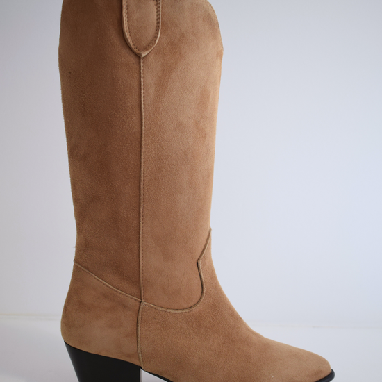 Sand coloured medium length pull on suede western inspired boot