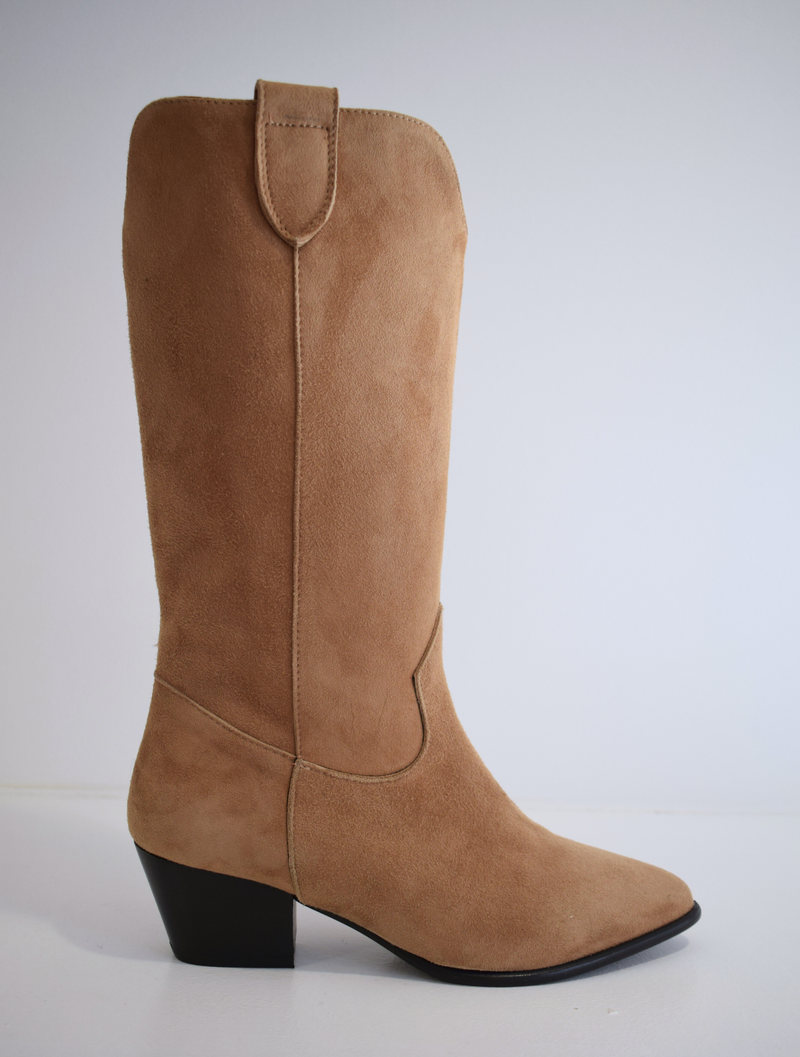 Sand coloured medium length pull on suede western inspired boot