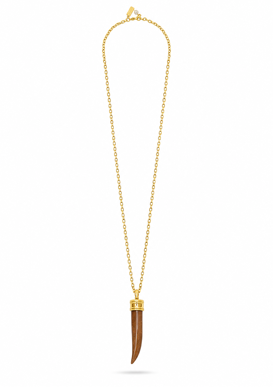 A gold chain necklace featuring a long, curved brown bone or horn pendant with gold caps at the top, displayed on a clean white background.