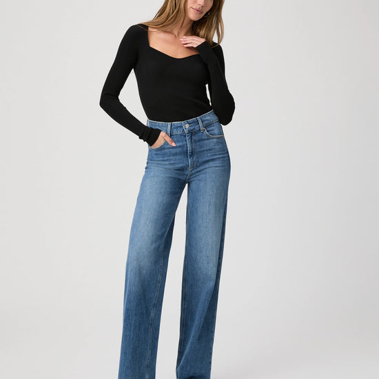 blue wide leg jeans model shot