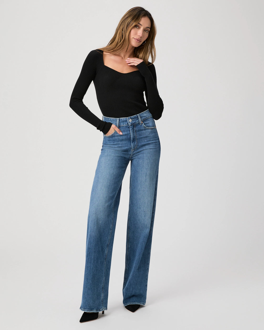 blue wide leg jeans model shot