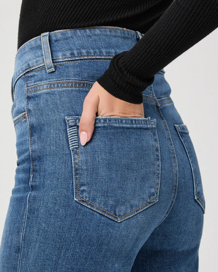 blue wide leg jeans rear view