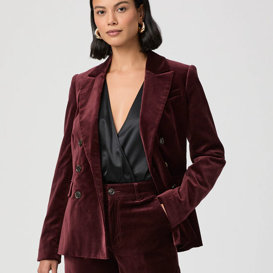 oxblood velvet double breasted blazer