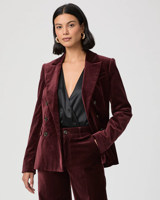 oxblood velvet double breasted blazer