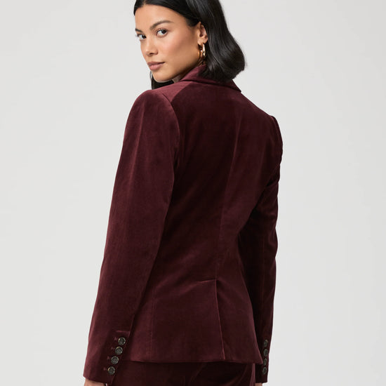 Rear view of oxblood velvet blazer
