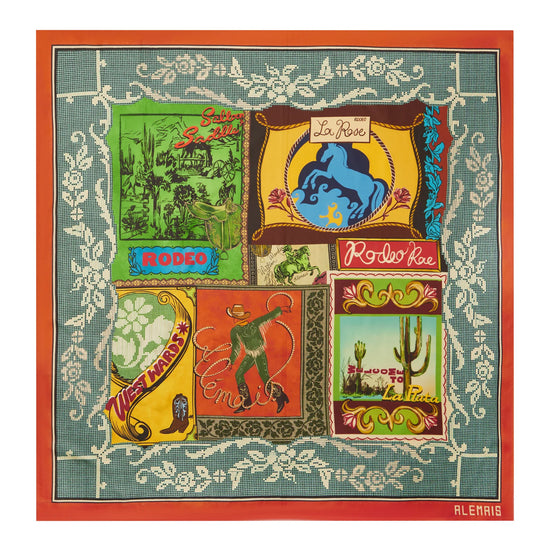 scarf with colourful illustrations and text on a white background