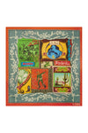 scarf with colourful illustrations and text on a white background