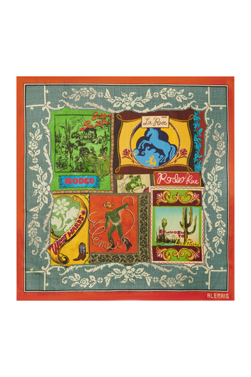 scarf with colourful illustrations and text on a white background