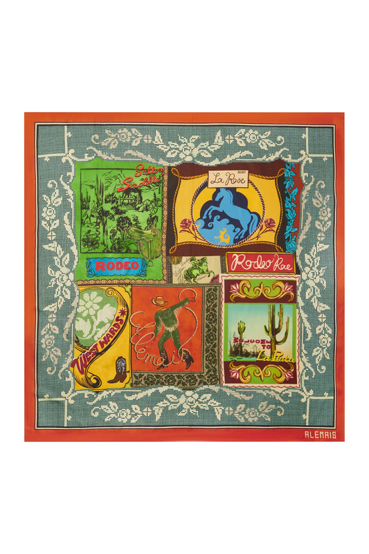scarf with colourful illustrations and text on a white background