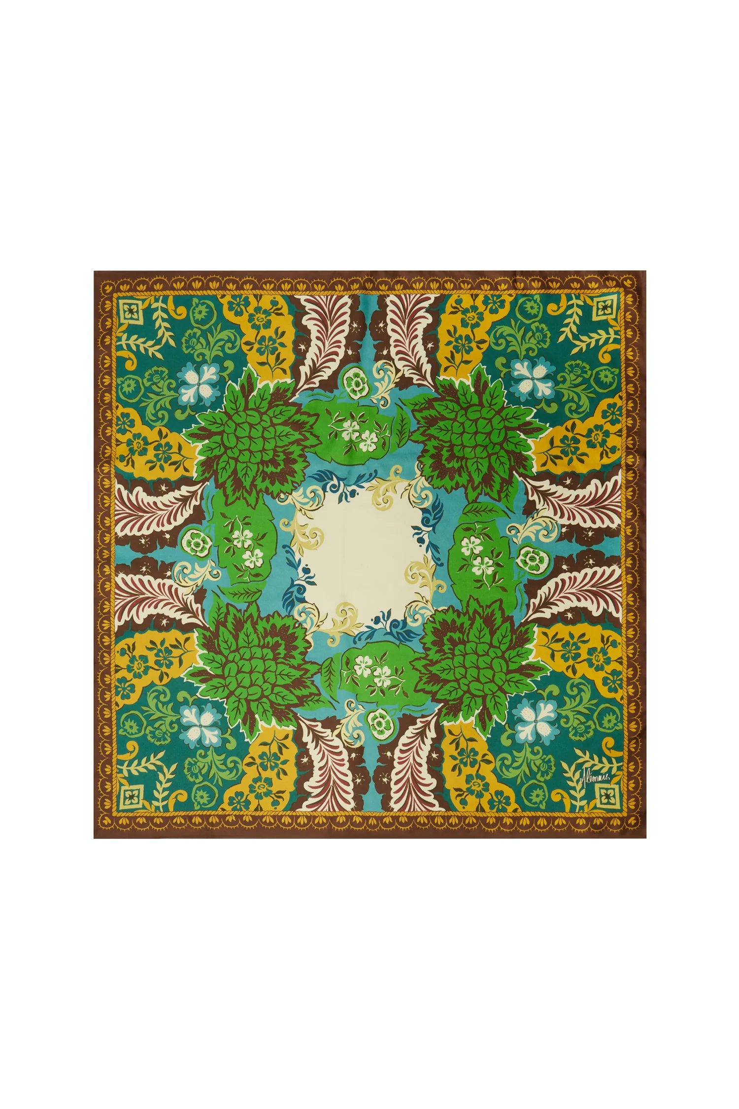 A square scarf with an intricate botanical and floral pattern, featuring shades of green, yellow, brown, and blue, with a central cream-colored square.