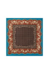A square bandana scarf with a traditional paisley pattern, featuring a dark brown center, a red border with cream floral details, and a solid turquoise blue outer border, shown flat against a white background.