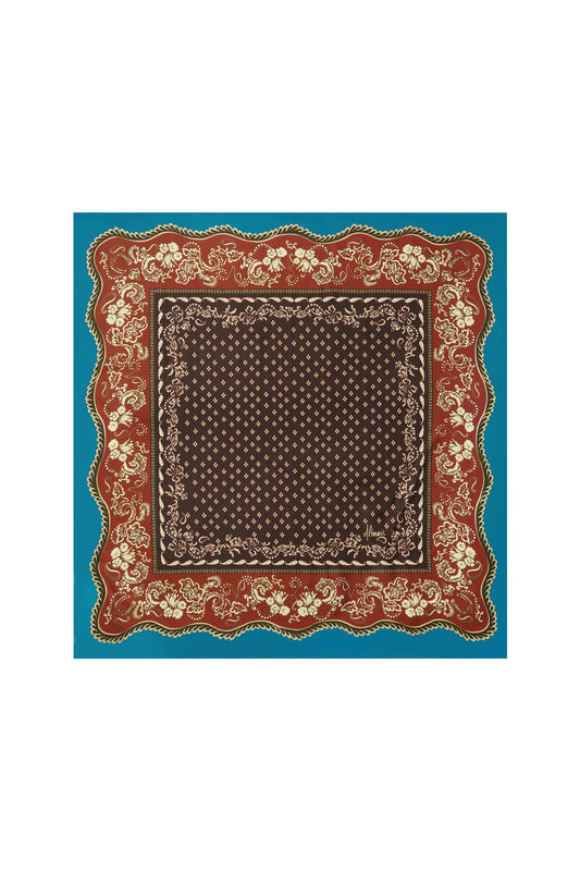 A square bandana scarf with a traditional paisley pattern, featuring a dark brown center, a red border with cream floral details, and a solid turquoise blue outer border, shown flat against a white background.