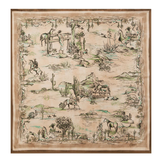 A square scarf featuring a detailed western-themed toile de Jouy print with horses, riders, cacti, and rustic figures in muted green and brown tones on a warm beige background, finished with a brown border.