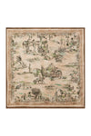 A square scarf featuring a detailed western-themed toile de Jouy print with horses, riders, cacti, and rustic figures in muted green and brown tones on a warm beige background, finished with a brown border.