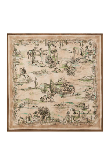 A square scarf featuring a detailed western-themed toile de Jouy print with horses, riders, cacti, and rustic figures in muted green and brown tones on a warm beige background, finished with a brown border.