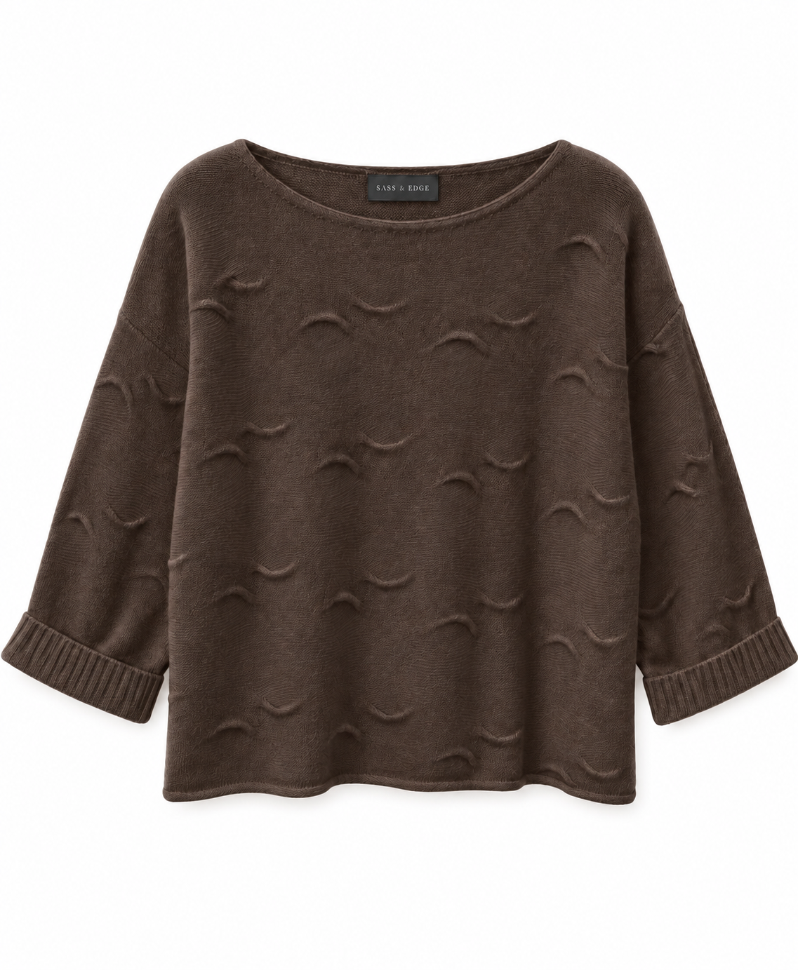 a flat lay of a chocolate brown cashmere knit with shorter length sleeves and wave detailing all over