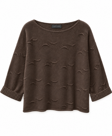 a flat lay of a chocolate brown cashmere knit with shorter length sleeves and wave detailing all over