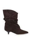 A dark brown suede slouch ankle boot with a pointed toe and a short kitten heel, shown from a side profile on a white background.