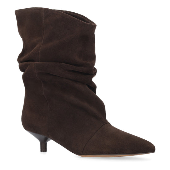 A dark brown suede ankle boot with a pointed toe and a short kitten heel, shown from a side profile on a white background.
