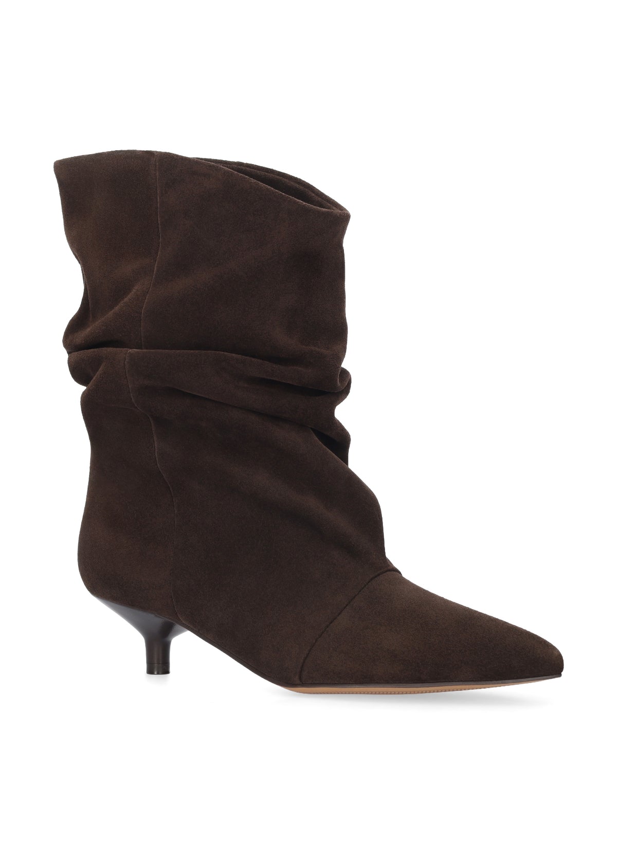 A dark brown suede ankle boot with a pointed toe and a short kitten heel, shown from a side profile on a white background.