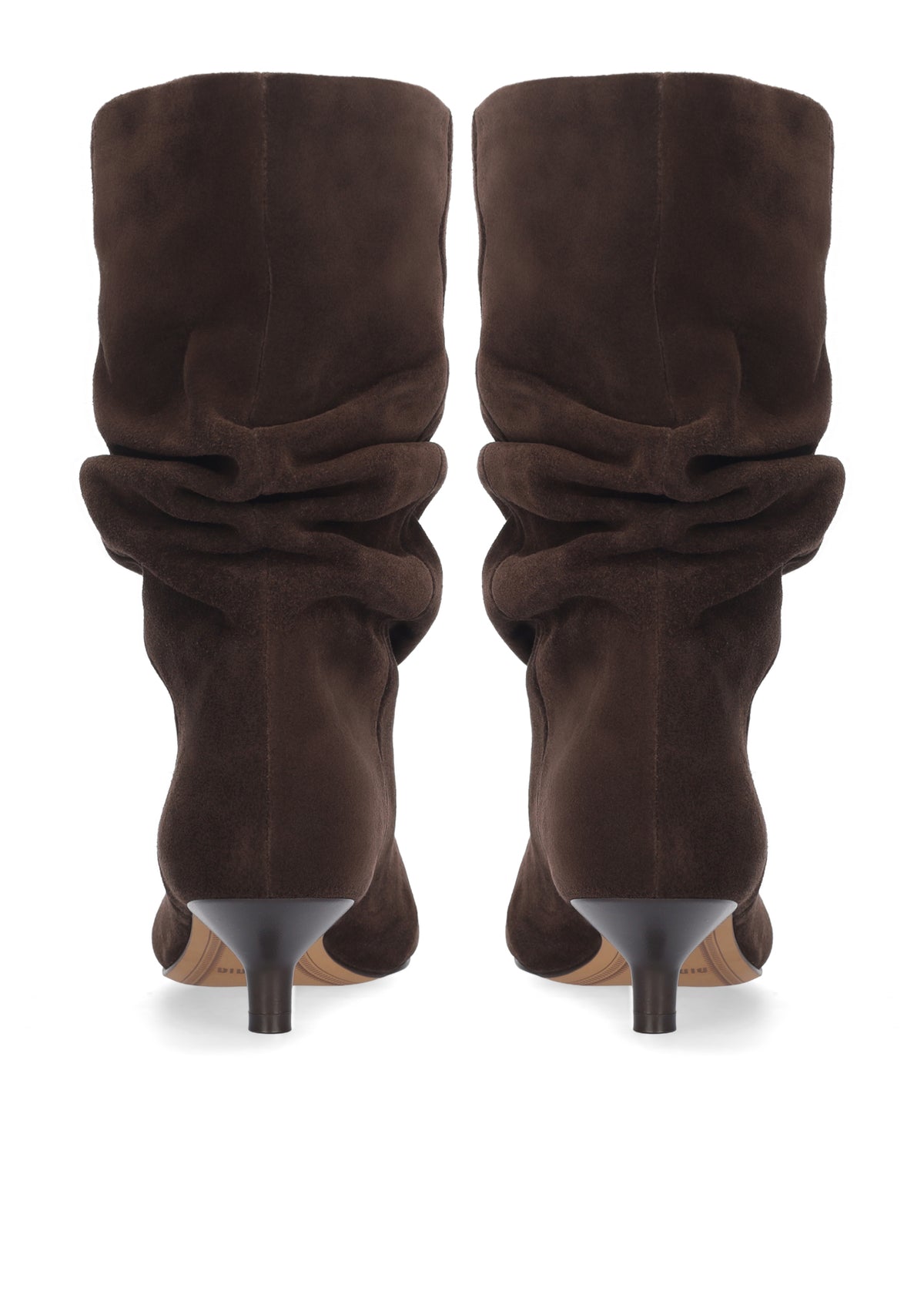 A pair of dark brown suede slouchy mid-calf boots with pointed toes and slim dark heels, shown from the back on a white background.